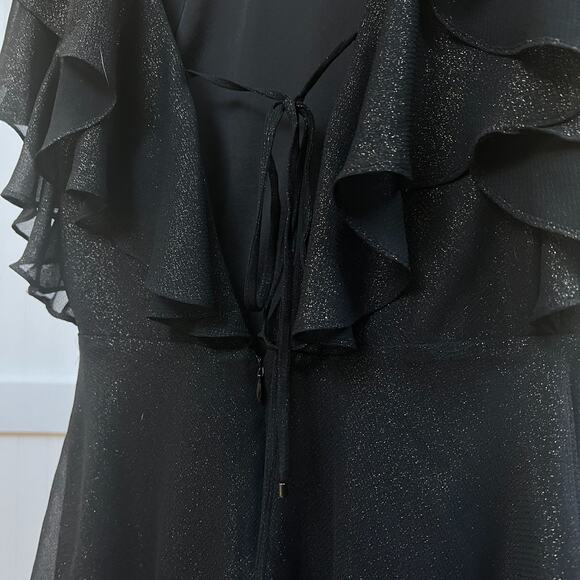 H Halston Black Gold Shimmer Ruffle Flutter Sleeve Dress Cocktail Party LBD 0 - Picture 9 of 14